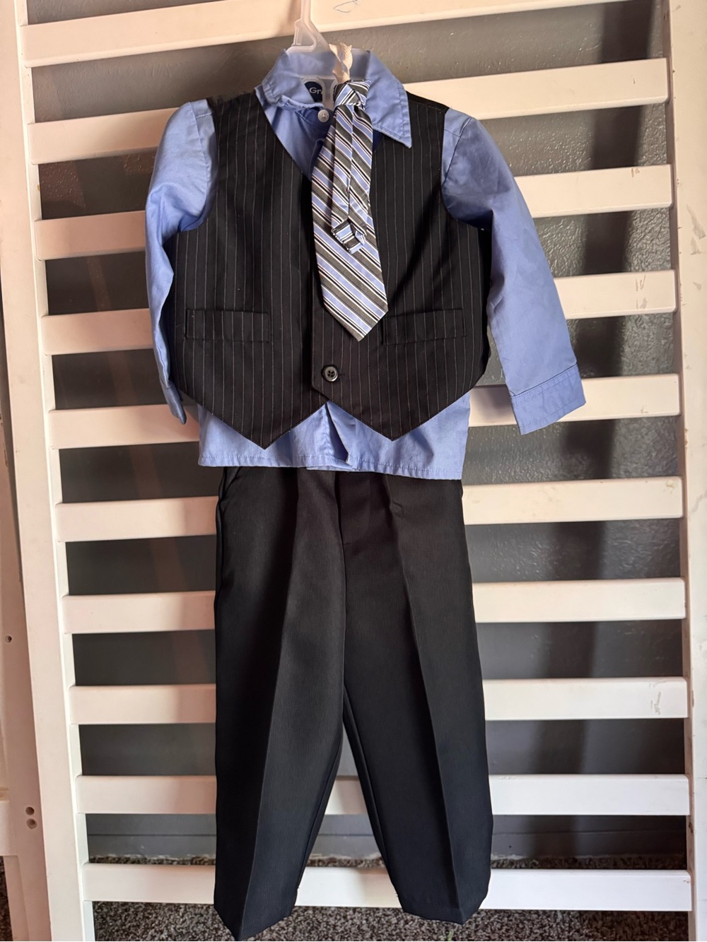 Unbranded Boys' Black Pinstripe Vest Suit Set with Blue Shirt and Striped Tie